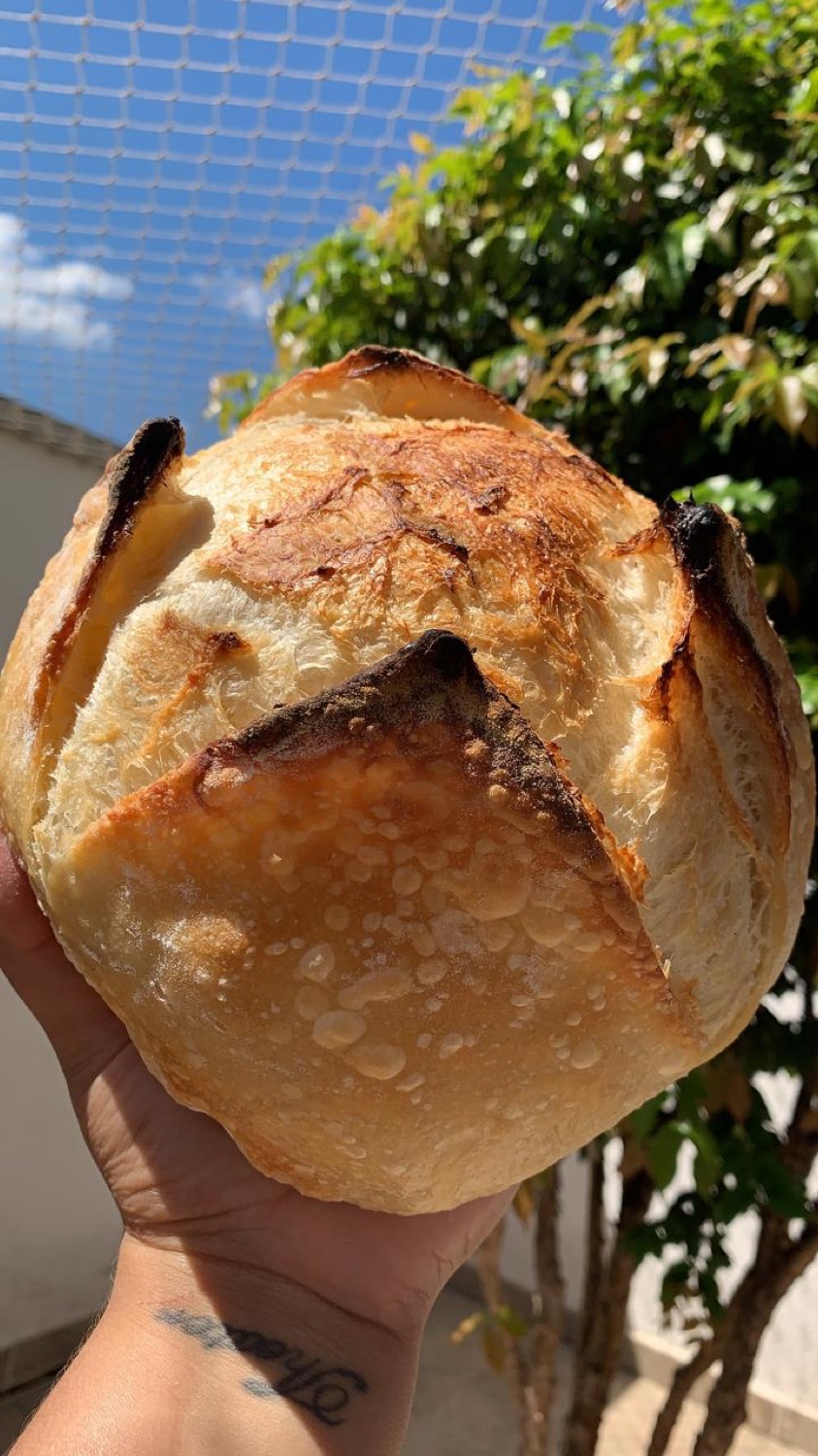 As mãos da Edna segurando um pão de fermentação natural recém-assado